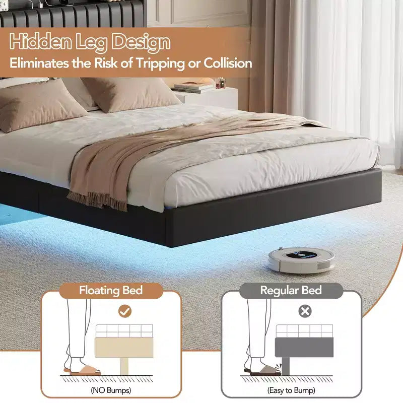 Cadre de lit flottant GustoWave, avec lumières LED et station de charge