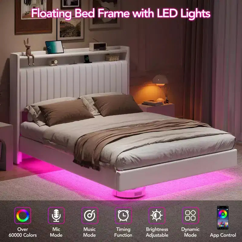 Cadre de lit flottant GustoWave, avec lumières LED et station de charge