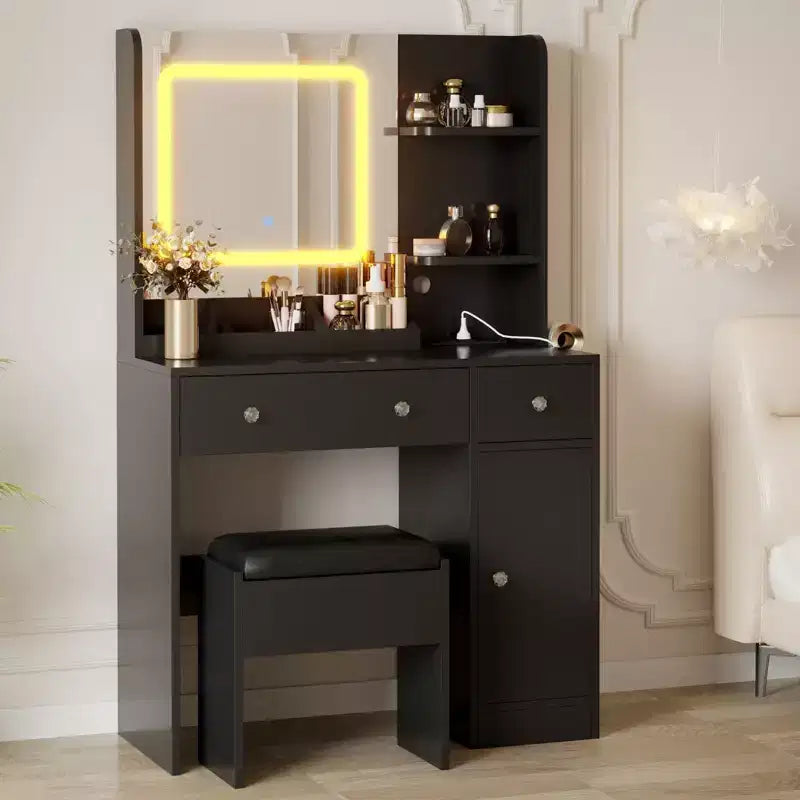 GustoWave Coiffeuse avec Miroir, Coiffeuse Maquillage avec Lumières 3 Couleurs, Coiffeuse Fille avec Station de Recharge, 3 Tiroirs, 3 Étagères de Rangement