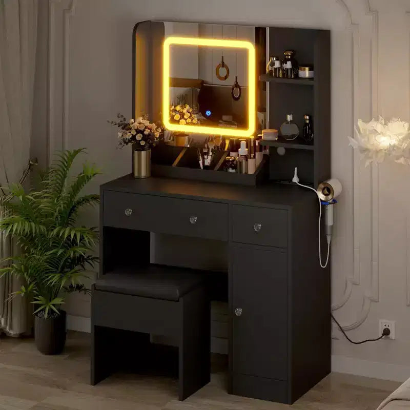 GustoWave Coiffeuse avec Miroir, Coiffeuse Maquillage avec Lumières 3 Couleurs, Coiffeuse Fille avec Station de Recharge, 3 Tiroirs, 3 Étagères de Rangement