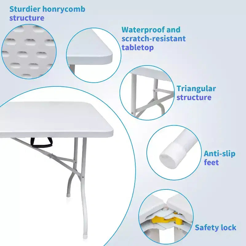 Table pliante en plastique, table pliable portable avec pieds en fer, poignée de transport, table dépliante rectangulaire d'extérieur pour le dîner, le pique-nique, la fête