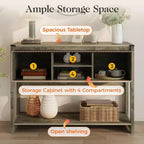 Console de table d'entrée RoyalCraft avec étagères de rangement, porte coulissante de style grange et plateau spacieux pour salon ou vestibule, gris clair