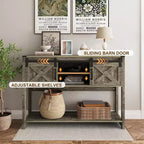 Console de table d'entrée RoyalCraft avec étagères de rangement, porte coulissante de style grange et plateau spacieux pour salon ou vestibule, gris clair