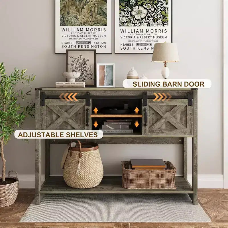 Console de table d'entrée RoyalCraft avec étagères de rangement, porte coulissante de style grange et plateau spacieux pour salon ou vestibule, gris clair