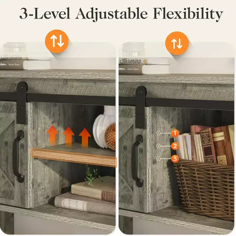 Console de table d'entrée RoyalCraft avec étagères de rangement, porte coulissante de style grange et plateau spacieux pour salon ou vestibule, gris clair