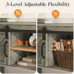 Console de table d'entrée RoyalCraft avec étagères de rangement, porte coulissante de style grange et plateau spacieux pour salon ou vestibule, gris clair