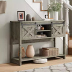Console de table d'entrée RoyalCraft avec étagères de rangement, porte coulissante de style grange et plateau spacieux pour salon ou vestibule, gris clair