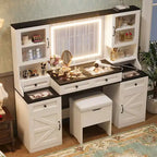 Coiffeuse Whisen Farmhouse avec miroir tactile LED, tabouret de rangement rembourré, plateau en verre, station de charge et grand espace de rangement - Blanc