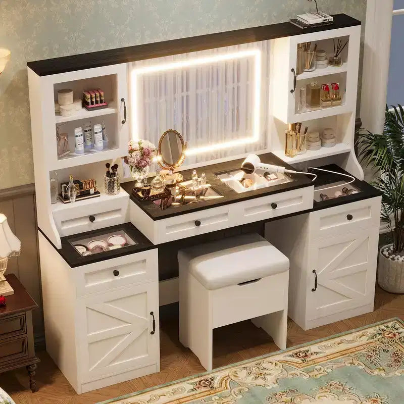 Coiffeuse Whisen Farmhouse avec miroir tactile LED, tabouret de rangement rembourré, plateau en verre, station de charge et grand espace de rangement - Blanc