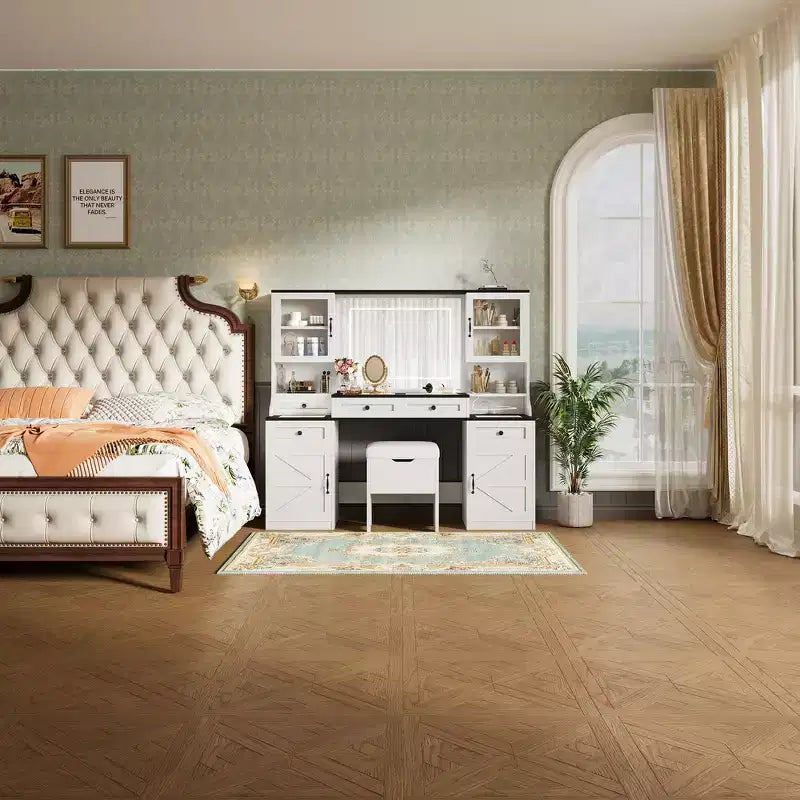 Coiffeuse Whisen Farmhouse avec miroir tactile LED, tabouret de rangement rembourré, plateau en verre, station de charge et grand espace de rangement - Blanc