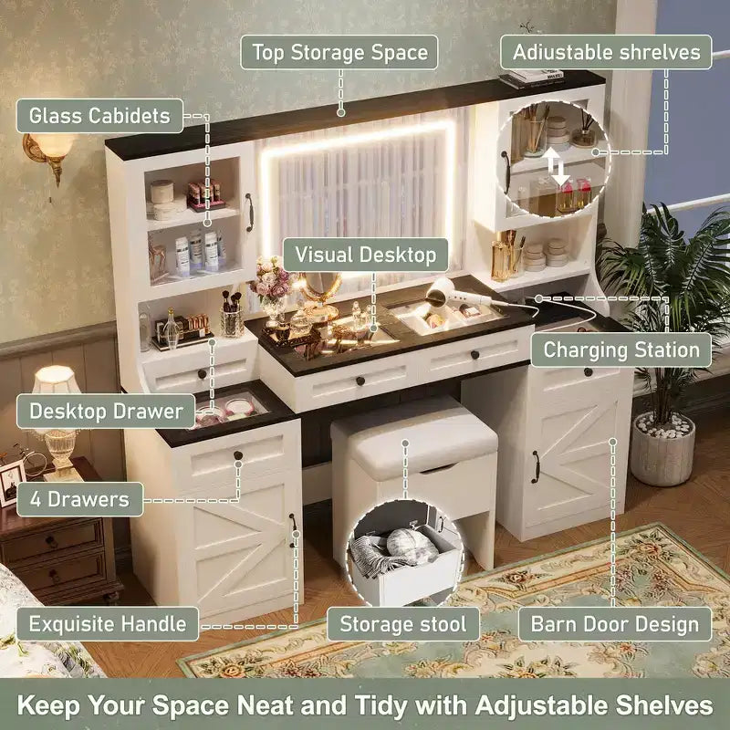 Coiffeuse Whisen Farmhouse avec miroir tactile LED, tabouret de rangement rembourré, plateau en verre, station de charge et grand espace de rangement - Blanc