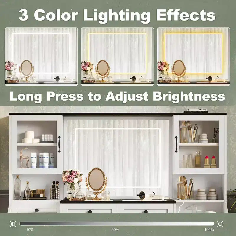 Coiffeuse Whisen Farmhouse avec miroir tactile LED, tabouret de rangement rembourré, plateau en verre, station de charge et grand espace de rangement - Blanc