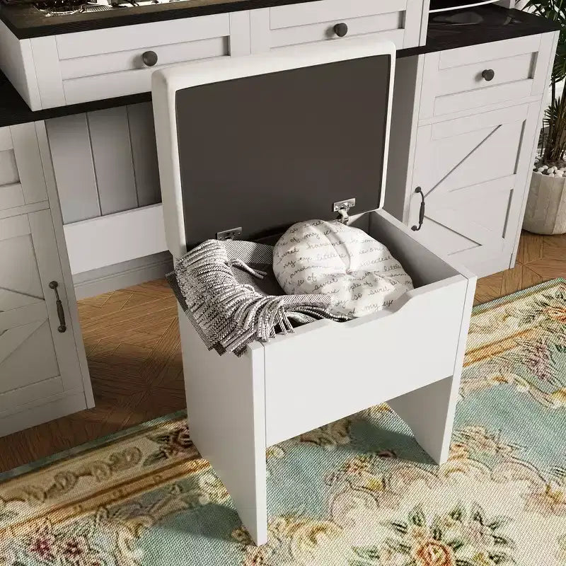Coiffeuse Whisen Farmhouse avec miroir tactile LED, tabouret de rangement rembourré, plateau en verre, station de charge et grand espace de rangement - Blanc