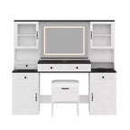 Coiffeuse Whisen Farmhouse avec miroir tactile LED, tabouret de rangement rembourré, plateau en verre, station de charge et grand espace de rangement - Blanc