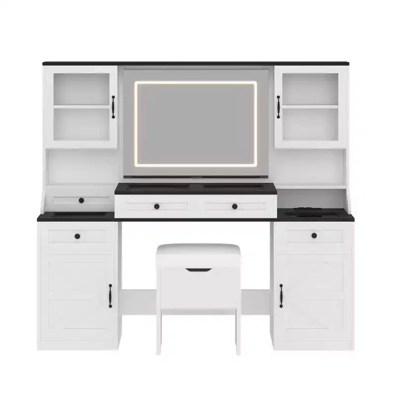 Coiffeuse Whisen Farmhouse avec miroir tactile LED, tabouret de rangement rembourré, plateau en verre, station de charge et grand espace de rangement - Blanc