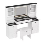 Coiffeuse Whisen Farmhouse avec miroir tactile LED, tabouret de rangement rembourré, plateau en verre, station de charge et grand espace de rangement - Blanc