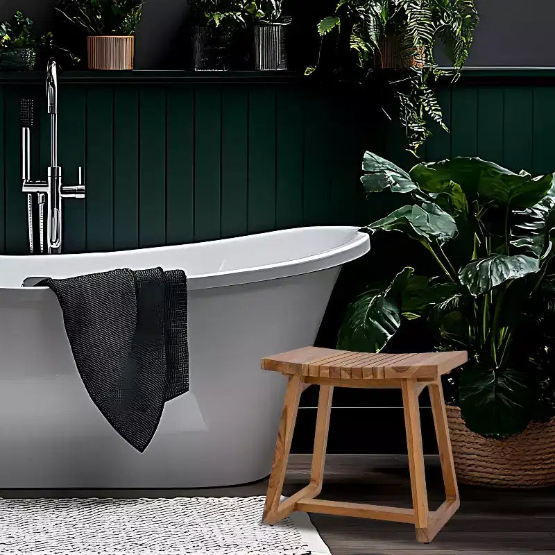 Sunnydaze Banc de douche en bois de teck massif 19 po au design incurvé ergonomique