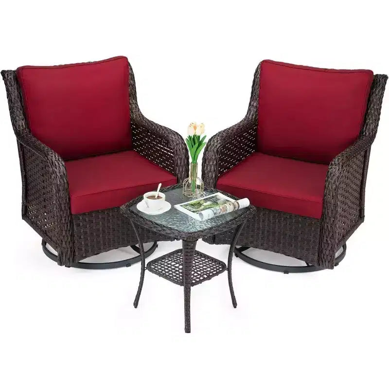 Acekool Ensemble de 3 Fauteuils à Bascule Pivotants - Rotin Extérieur avec Table d'Appoint