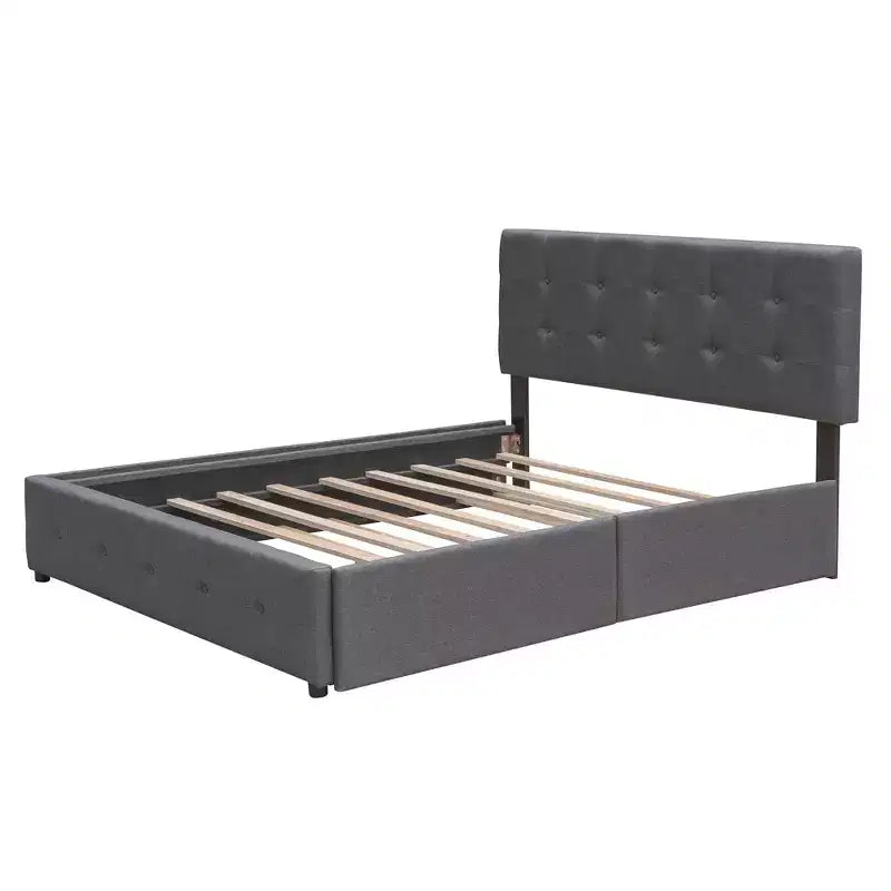 Lit plateforme tapissé avec 2 tiroirs et 1 lit gigogne jumeau XL en tissu de lin Queen Size - Gris foncé
