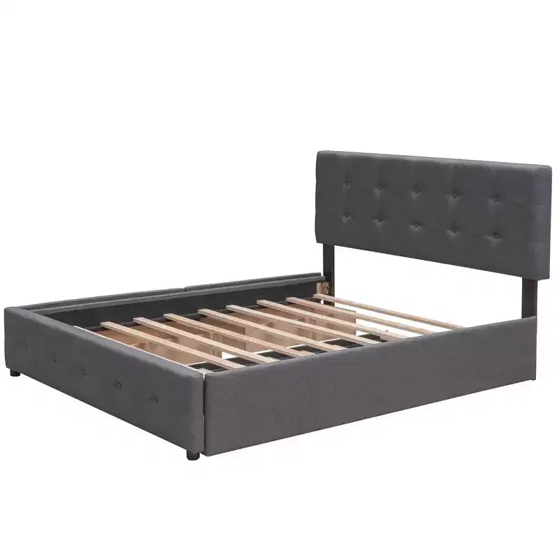 Lit plateforme tapissé avec 2 tiroirs et 1 lit gigogne jumeau XL en tissu de lin Queen Size - Gris foncé