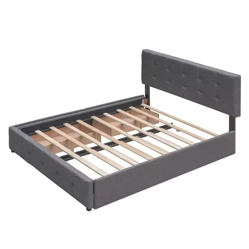 Lit plateforme tapissé avec 2 tiroirs et 1 lit gigogne jumeau XL en tissu de lin Queen Size - Gris foncé