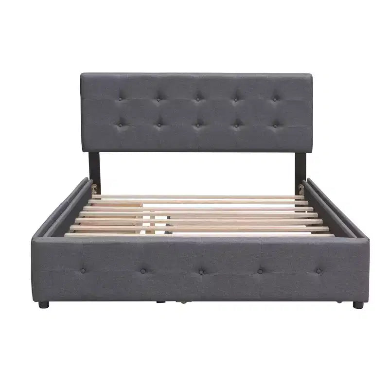 Lit plateforme tapissé avec 2 tiroirs et 1 lit gigogne jumeau XL en tissu de lin Queen Size - Gris foncé