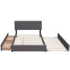 Lit plateforme tapissé avec 2 tiroirs et 1 lit gigogne jumeau XL en tissu de lin Queen Size - Gris foncé