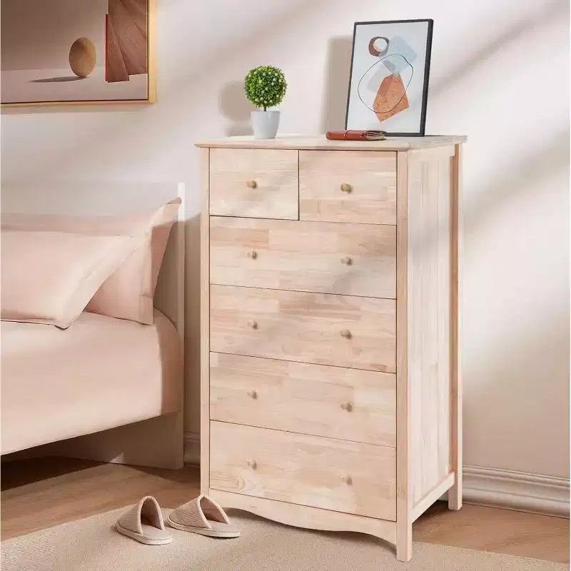 Vingli Commode haute en bois massif naturel brut à 6 tiroirs pour chambre à coucher, commode de ferme en bois d'hévéa à peindre soi-même