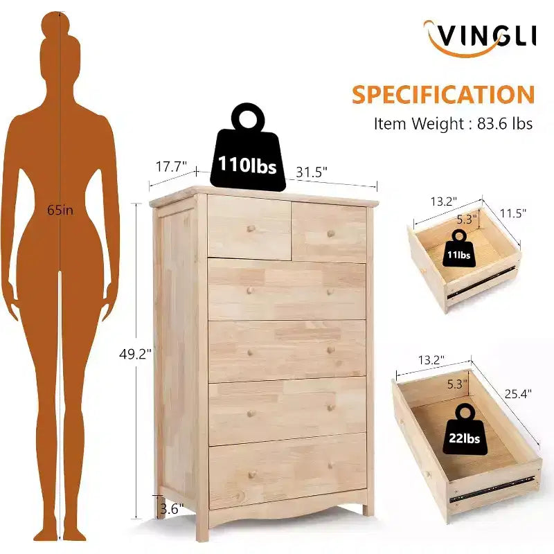 Vingli Commode haute en bois massif naturel brut à 6 tiroirs pour chambre à coucher, commode de ferme en bois d'hévéa à peindre soi-même