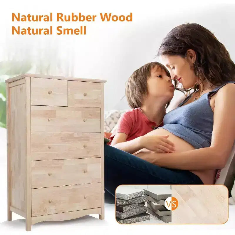 Vingli Commode haute en bois massif naturel brut à 6 tiroirs pour chambre à coucher, commode de ferme en bois d'hévéa à peindre soi-même