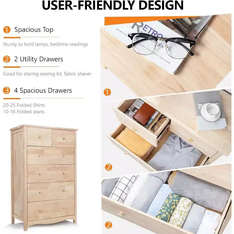 Vingli Commode haute en bois massif naturel brut à 6 tiroirs pour chambre à coucher, commode de ferme en bois d'hévéa à peindre soi-même