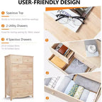 Vingli Commode haute en bois massif naturel brut à 6 tiroirs pour chambre à coucher, commode de ferme en bois d'hévéa à peindre soi-même