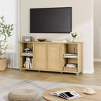 Meuble TV Bohème GustoWave pour téléviseurs jusqu'à 70 pouces, console multimédia avec portes en rotin et étagères ouvertes pour salon, naturel