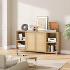 Meuble TV Bohème GustoWave pour téléviseurs jusqu'à 70 pouces, console multimédia avec portes en rotin et étagères ouvertes pour salon, naturel