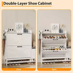 Meuble à chaussures avec 2 tiroirs basculants et banc de rangement, porte-chaussures autoportant en bois de style ferme avec 2 crochets et étagère inférieure pour entrée, salon