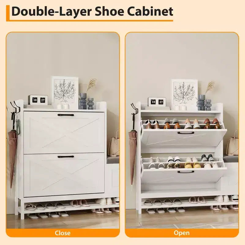 Meuble à chaussures avec 2 tiroirs basculants et banc de rangement, porte-chaussures autoportant en bois de style ferme avec 2 crochets et étagère inférieure pour entrée, salon