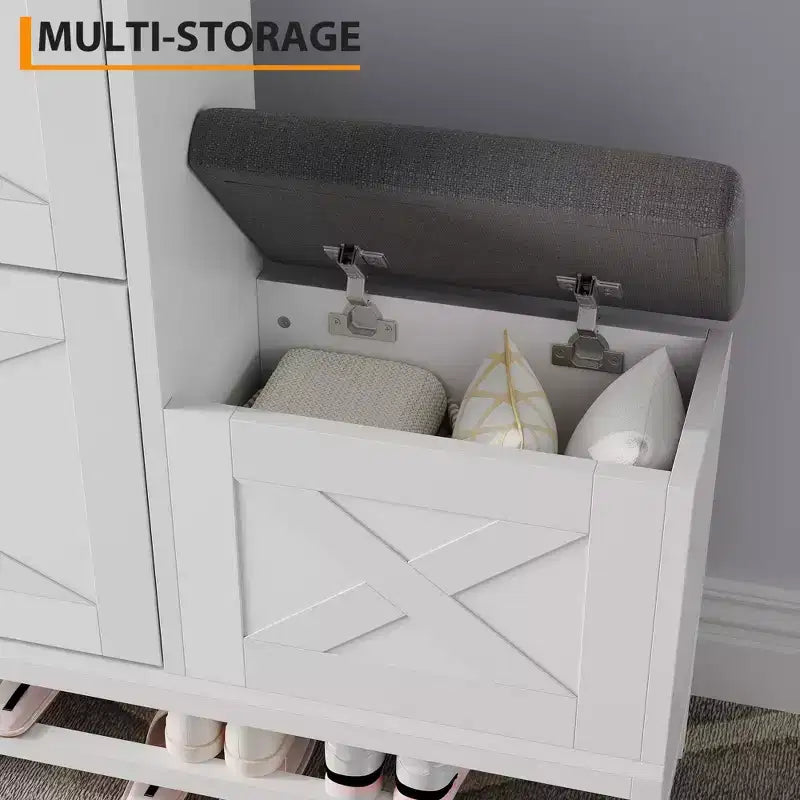 Meuble à chaussures avec 2 tiroirs basculants et banc de rangement, porte-chaussures autoportant en bois de style ferme avec 2 crochets et étagère inférieure pour entrée, salon
