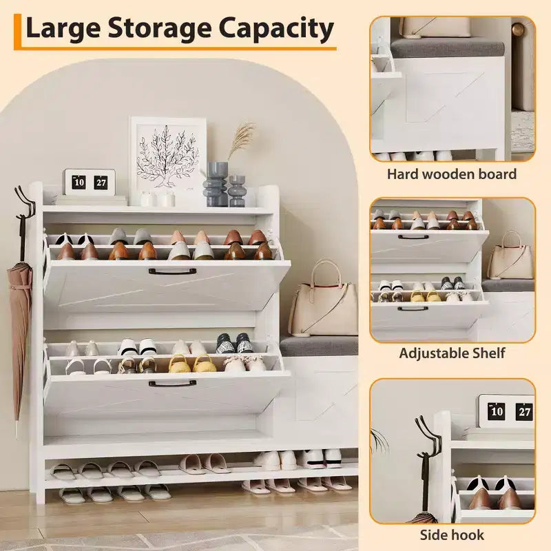 Meuble à chaussures avec 2 tiroirs basculants et banc de rangement, porte-chaussures autoportant en bois de style ferme avec 2 crochets et étagère inférieure pour entrée, salon