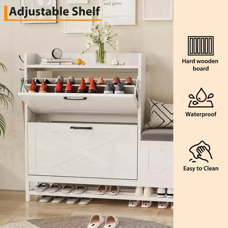 Meuble à chaussures avec 2 tiroirs basculants et banc de rangement, porte-chaussures autoportant en bois de style ferme avec 2 crochets et étagère inférieure pour entrée, salon