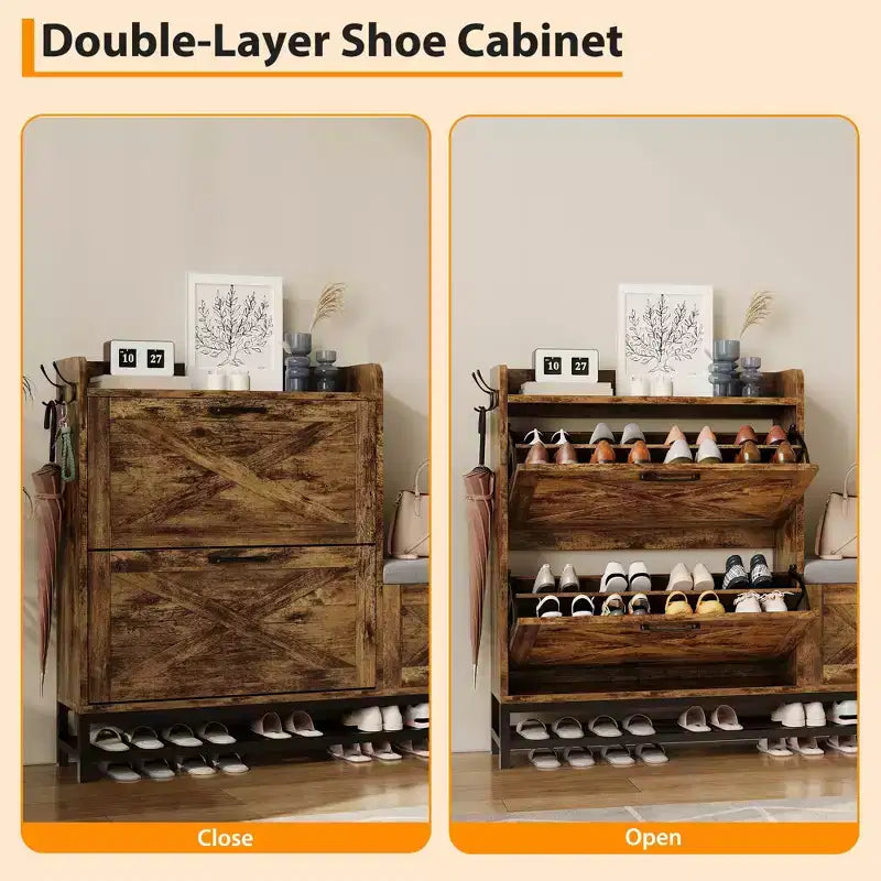 Meuble à chaussures avec 2 tiroirs basculants et banc de rangement, porte-chaussures autoportant en bois de style ferme avec 2 crochets et étagère inférieure pour entrée, salon