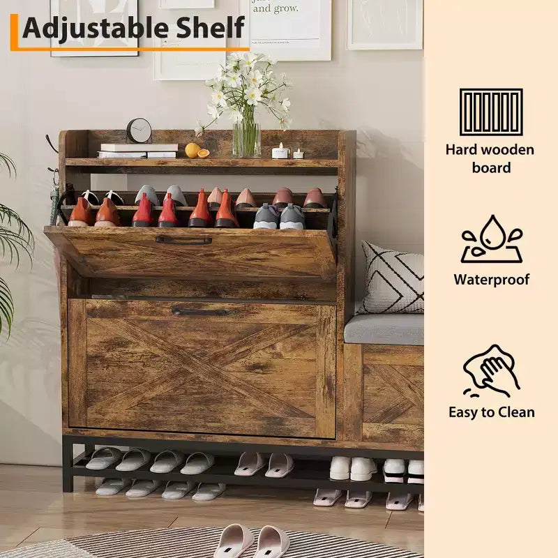 Meuble à chaussures avec 2 tiroirs basculants et banc de rangement, porte-chaussures autoportant en bois de style ferme avec 2 crochets et étagère inférieure pour entrée, salon