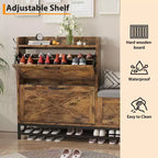 Meuble à chaussures avec 2 tiroirs basculants et banc de rangement, porte-chaussures autoportant en bois de style ferme avec 2 crochets et étagère inférieure pour entrée, salon