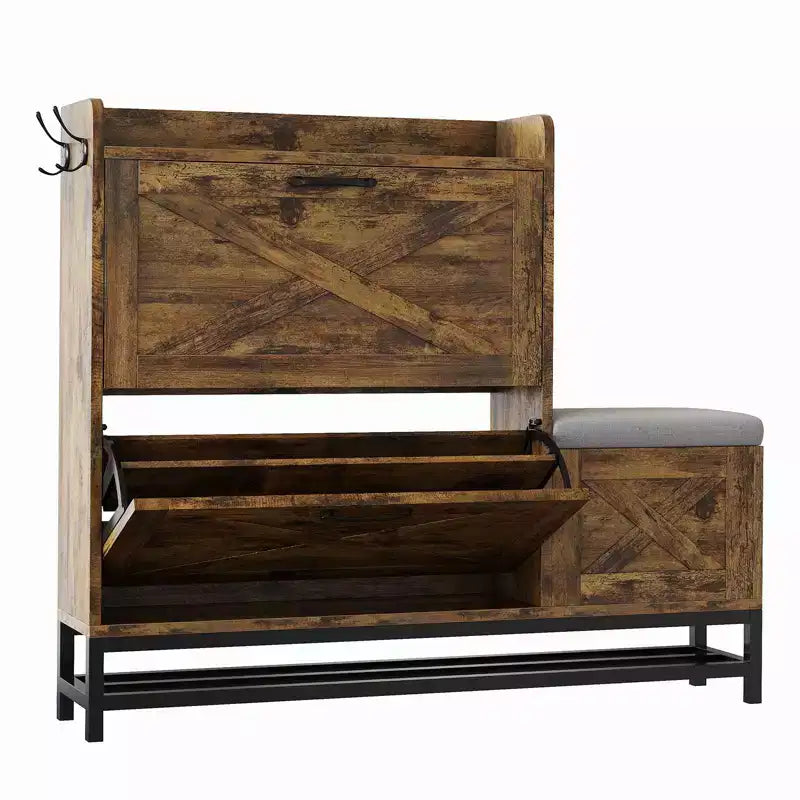 Meuble à chaussures avec 2 tiroirs basculants et banc de rangement, porte-chaussures autoportant en bois de style ferme avec 2 crochets et étagère inférieure pour entrée, salon