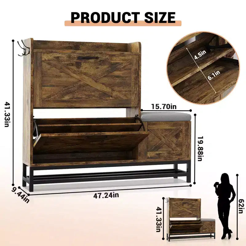 Meuble à chaussures avec 2 tiroirs basculants et banc de rangement, porte-chaussures autoportant en bois de style ferme avec 2 crochets et étagère inférieure pour entrée, salon