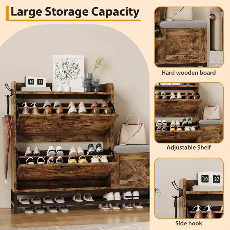 Meuble à chaussures avec 2 tiroirs basculants et banc de rangement, porte-chaussures autoportant en bois de style ferme avec 2 crochets et étagère inférieure pour entrée, salon