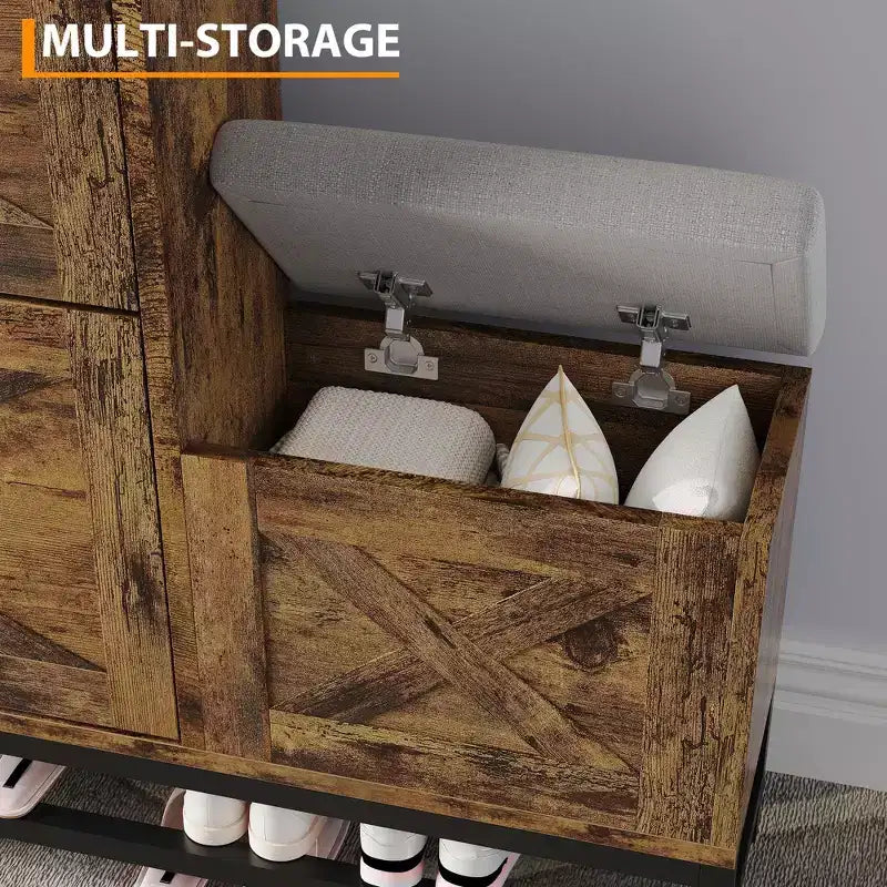 Meuble à chaussures avec 2 tiroirs basculants et banc de rangement, porte-chaussures autoportant en bois de style ferme avec 2 crochets et étagère inférieure pour entrée, salon