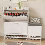 Meuble à chaussures avec 2 tiroirs basculants et banc de rangement, porte-chaussures autoportant en bois de style ferme avec 2 crochets et étagère inférieure pour entrée, salon