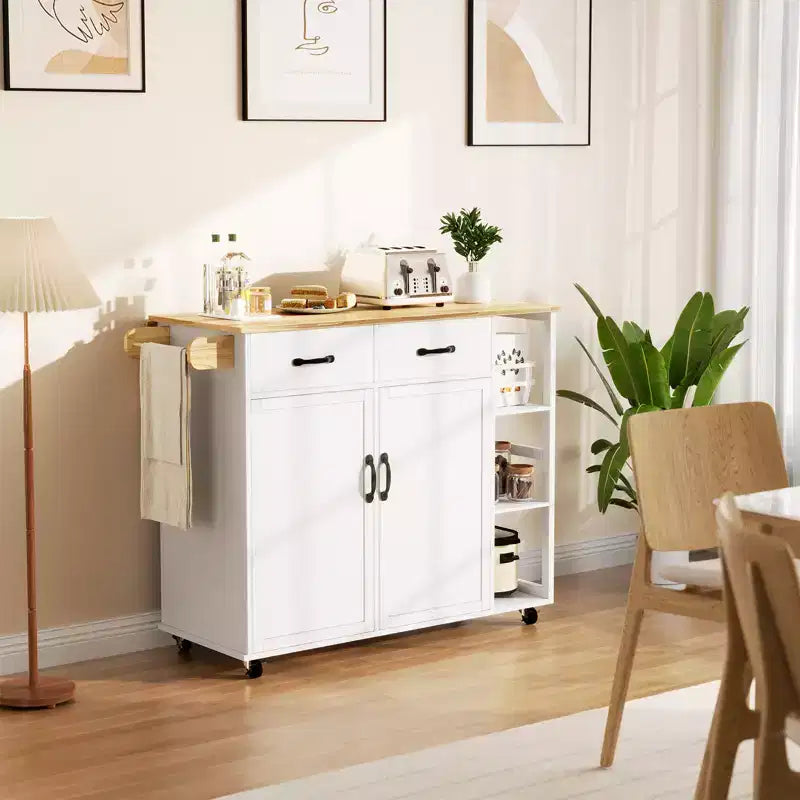 Chariots d'îlot de cuisine sur roues avec plateau en bois, chariot roulant avec tiroir de rangement, armoire à 2 portes, abattant pliable, poste de travail mobile pour la cuisine, le bar, noir
