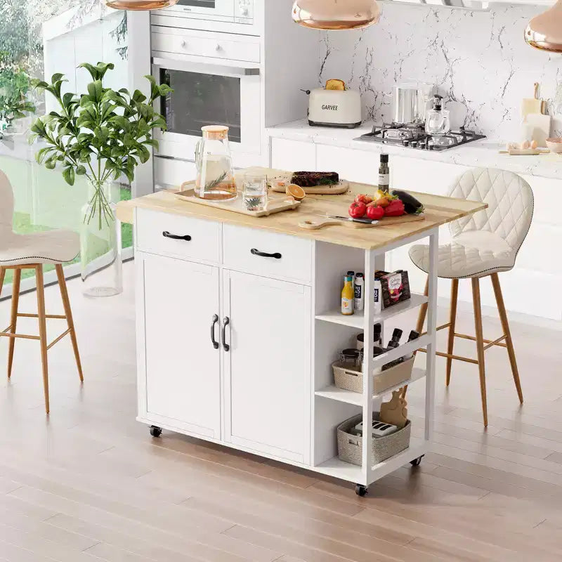 Chariots d'îlot de cuisine sur roues avec plateau en bois, chariot roulant avec tiroir de rangement, armoire à 2 portes, abattant pliable, poste de travail mobile pour la cuisine, le bar, noir