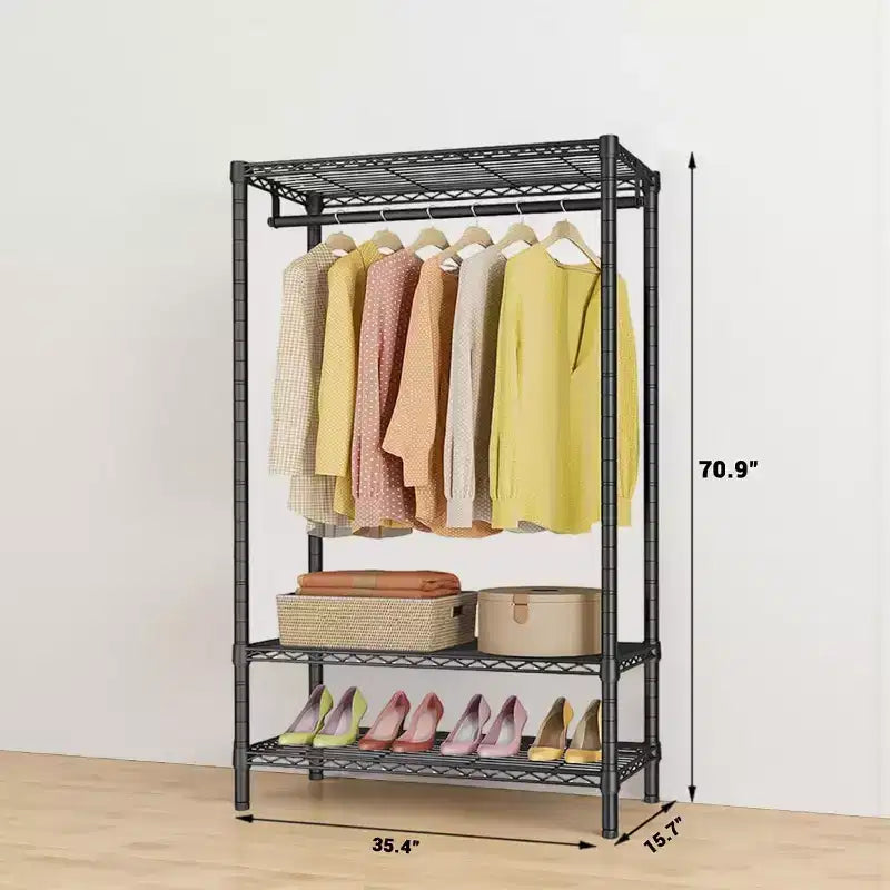 Portant à vêtements, Portant à vêtements robuste avec étagères avec 2 étagères et 1 tringle de suspension, Organisateur de placard portable en métal autoportant